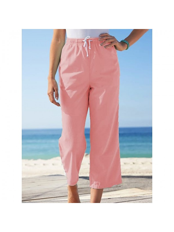 Women's Fashion Chinos Side Pockets Elastic Drawstring Design Ankle-Length Pants Casual Weekend Inelastic Plain Cotton Blend Comfort Mid Waist White Pink Light Blue S M L XL XXL #9027797