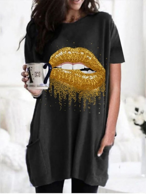 Women's T shirt Dress Graphic Mouth Round Neck Tops Basic Basic Top Black Wine Army Green #8612573