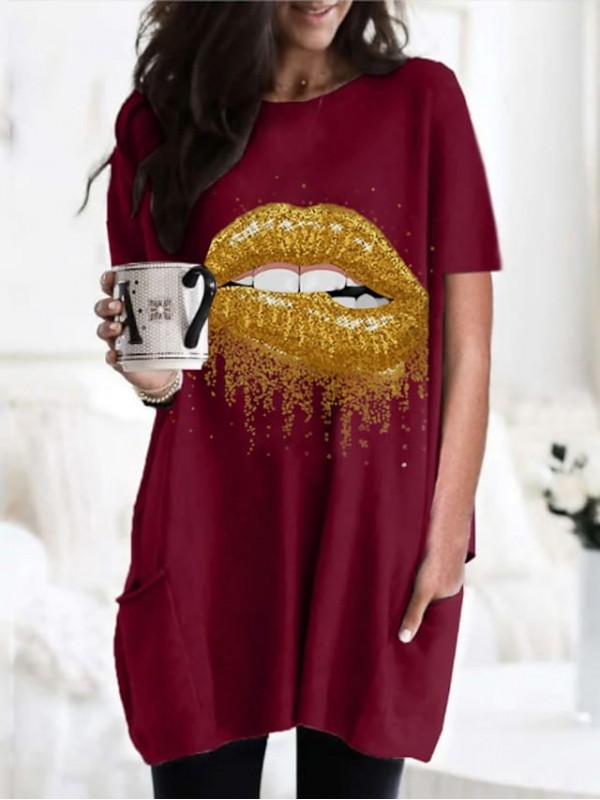 Women's T shirt Dress Graphic Mouth Round Neck Tops Basic Basic Top Black Wine Army Green #8612573