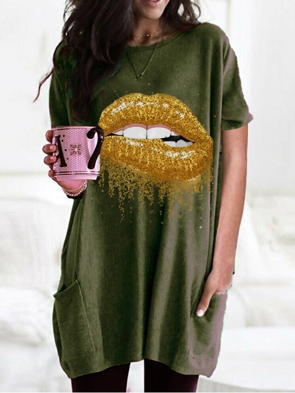 Women's T shirt Dress Graphic Mouth Round Neck Tops Basic Basic Top Black Wine Army Green #8612573