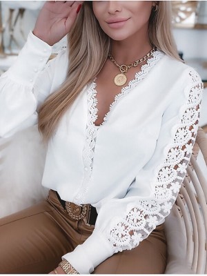 Women's Blouse Shirt Plain Cut Out Lace V Neck Casual Tops White #8979439