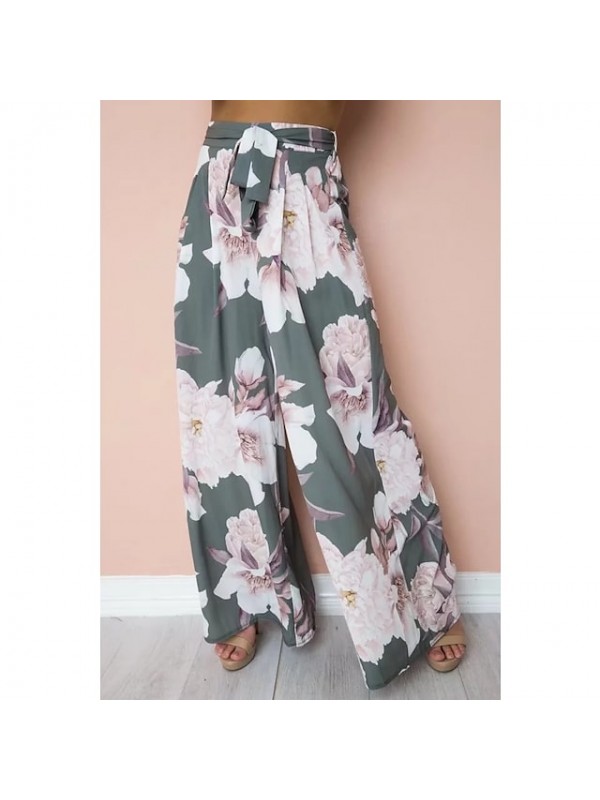 Women's Chino Culottes Wide Leg Wide Leg Elastic Waist Print Full Length Pants Casual Micro-elastic Flower / Floral Soft High Waist Loose Gray Green Blue S M L XL XXL #8725458