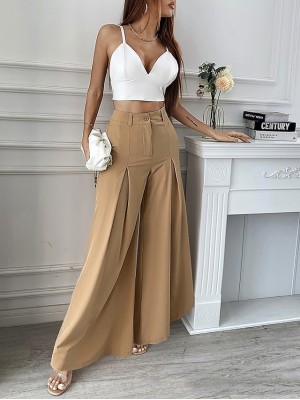 Women's Fashion Dress Pants Wide Leg Full Length Pants Daily Weekend Micro-elastic Plain Comfort Mid Waist Loose Black Khaki S M L XL #8943122