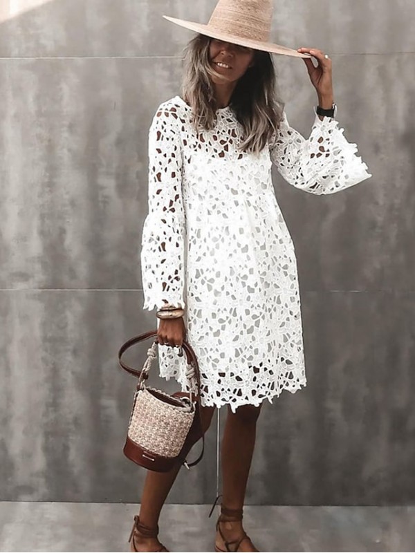 Women's Sheath Dress Short Mini Dress White Red Long Sleeve Solid Color Lace Hollow To Waist Spring Summer Round Neck Elegant Romantic Flare Cuff Sleeve 2022 S M L XL XXL #8476237