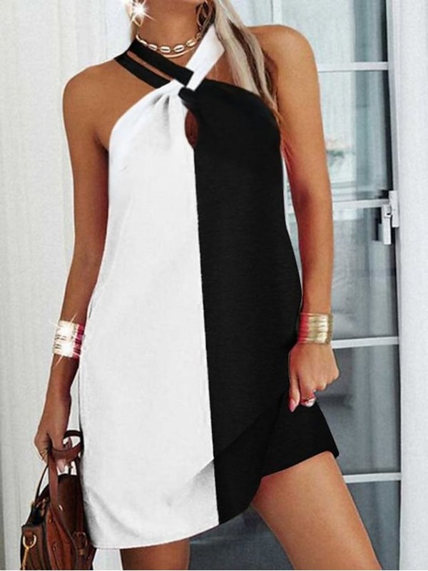 Women's Sundress Short Mini Dress Black+White Black+white+grey Leopard pattern Sleeveless Color Block Print Spring Summer Halter Neck Elegant Sexy 2022 S M L XL XXL XXXL #8991419