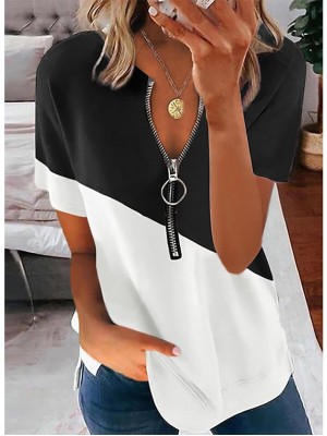 Women's T shirt Plain Color Block Zipper Patchwork V Neck Basic Streetwear Tops Blue Black Gray #8688024