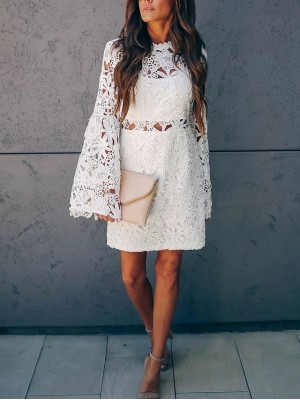 Women's A Line Dress Knee Length Dress White Long Sleeve Pure Color Lace Hollow To Waist Fall Spring Round Neck Stylish Work Casual 2022 S M L XL #9032739