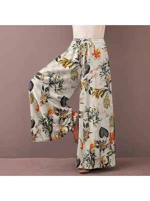 Women's Fashion Streetwear Culottes Wide Leg Wide Leg Pocket Elastic Drawstring Design Full Length Pants Holiday Weekend Inelastic Flower / Floral Comfort Mid Waist Loose Dark Blue Red Yellow S M L #8873809