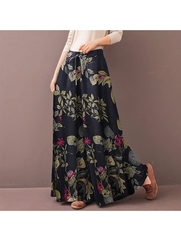 Women's Fashion Streetwear Culottes Wide Leg Wide Leg Pocket Elastic Drawstring Design Full Length Pants Holiday Weekend Inelastic Flower / Floral Comfort Mid Waist Loose Dark Blue Red Yellow S M L #8873809