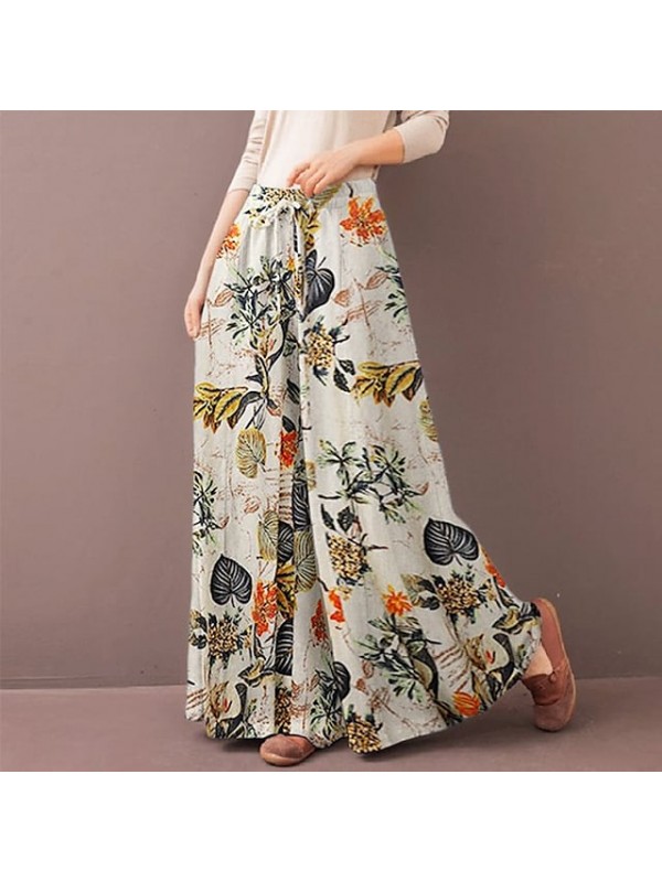 Women's Fashion Streetwear Culottes Wide Leg Wide Leg Pocket Elastic Drawstring Design Full Length Pants Holiday Weekend Inelastic Flower / Floral Comfort Mid Waist Loose Dark Blue Red Yellow S M L #8873809