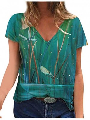 women's short sleeve v-neck t-shirt, summer dragonfly floral print tunic tops, tie dye casual loose shirt blouses, vintage classic cotton tunic tee stylish streetwear green #8603669