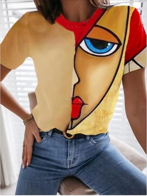 Women's T shirt Graphic Patchwork Print Round Neck Vintage Tops Rainbow / 3D Print #9006556