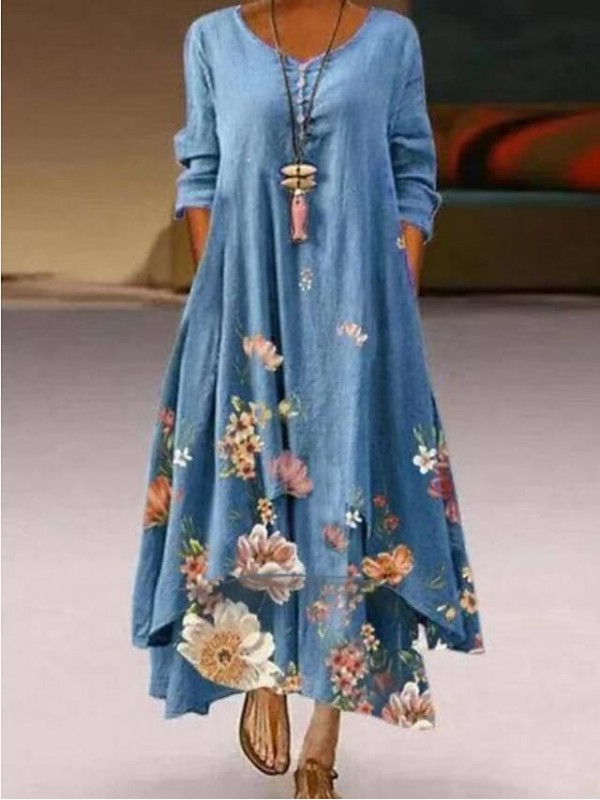 Women's A Line Dress Maxi long Dress Green Blue White Gray Purple Pink Red Yellow Long Sleeve Floral Print Print Spring Summer Round Neck Casual Vintage 2022 S M L XL XXL 3XL 4XL 5XL #8705890