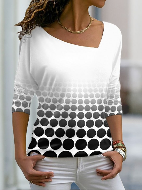 Women's Painting T shirt Polka Dot Color Gradient Print V Neck Basic Tops Black Green White / 3D Print #8932133