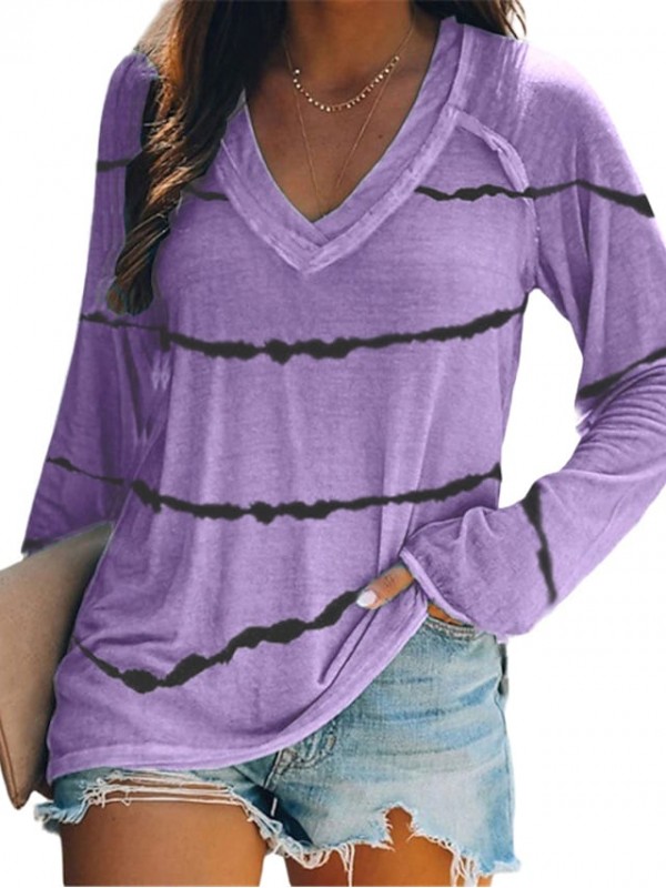 Women's T shirt Striped Long Sleeve V Neck Tops Basic Basic Top White Blue Purple #8330518