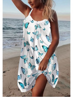 Women's Strap Dress Short Mini Dress Green White Purple Sleeveless Butterfly Animal Print Summer U Neck Casual Holiday Loose 2022 S M L XL XXL #8421980