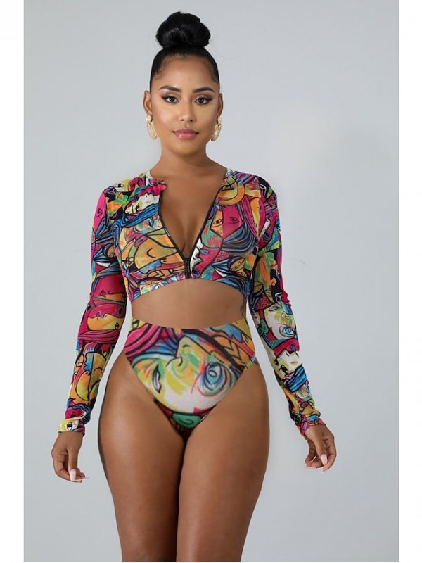 Women's Swimwear Rash Guard Diving 2 Piece Swimsuit UV Protection Quick Dry High Waist Abstract Green Blue Rainbow Red Padded Scoop Neck Bathing Suits New Party Hawaiian / Summer / Slim / Padded Bras #8551071