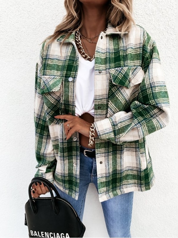 Women's Jacket Daily Fall Spring Regular Coat Regular Fit Breathable Casual Jacket Long Sleeve Plaid / Check Print Green Pink Brown #8756159