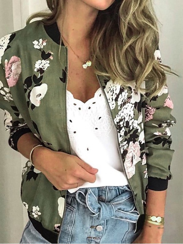 Women's Casual Jacket Florals Streetwear Spring Jacket Regular Casual / Daily Long Sleeve 416 Light Pink #8545884