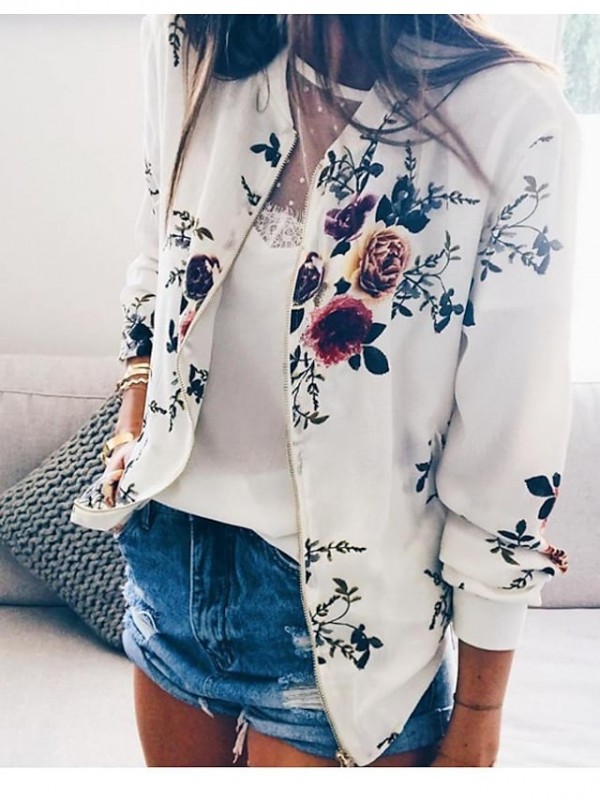 Women's Casual Jacket Florals Streetwear Spring Jacket Regular Casual / Daily Long Sleeve 416 Light Pink #8545884