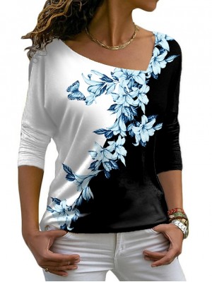 Women's Floral Theme Painting T shirt Floral Color Block Long Sleeve Print V Neck Basic Tops Blue Purple Navy Blue / 3D Print #8814154