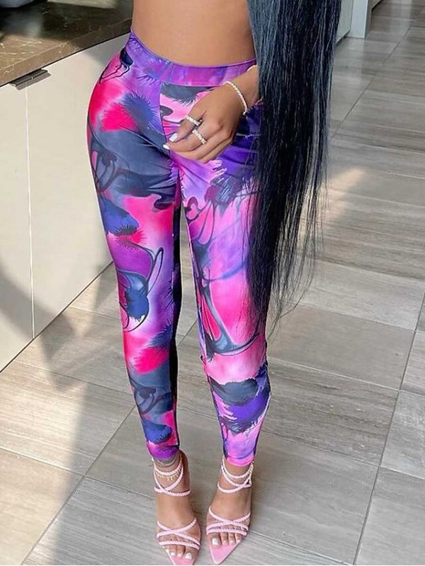 Women's Athleisure Sports Tights Leggings Print Full Length Pants Weekend Yoga Stretchy Graphic Comfort Mid Waist Slim Blue Fuchsia S M L XL XXL #8985106