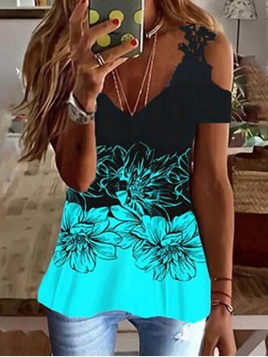 Women's Floral Theme T shirt Floral Graphic Flower Lace Patchwork Print V Neck Ethnic Tops Loose Blue White Black / 3D Print #9028163