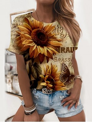 Women's Floral Theme 3D Printed Painting T shirt Floral 3D Sunflower Print Round Neck Basic Tops Yellow Orange Green #8644416