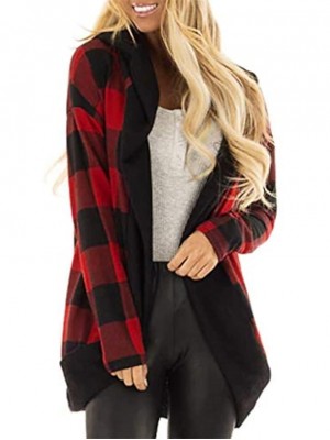 Women's Tartan Hooded Jacket Thick Warm Hoodie Sweatshirt Full Zip Full Sleeve Hoody Jacket Coat(Red,8 UK/M CN) #8491818