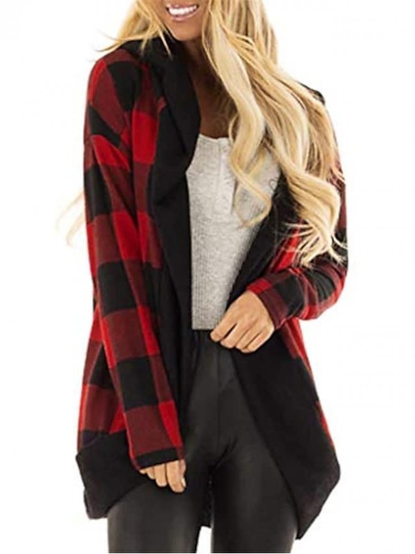 Women's Tartan Hooded Jacket Thick Warm Hoodie Sweatshirt Full Zip Full Sleeve Hoody Jacket Coat(Red,8 UK/M CN) #8491818