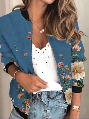 Women's Jacket Daily Holiday Spring &  Fall Regular Coat Regular Fit Active Streetwear Jacket Long Sleeve Plants Print Blue #8549729