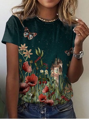 Women's Floral Theme Butterfly Painting T shirt Floral Graphic Print Round Neck Basic Tops Green #8572066