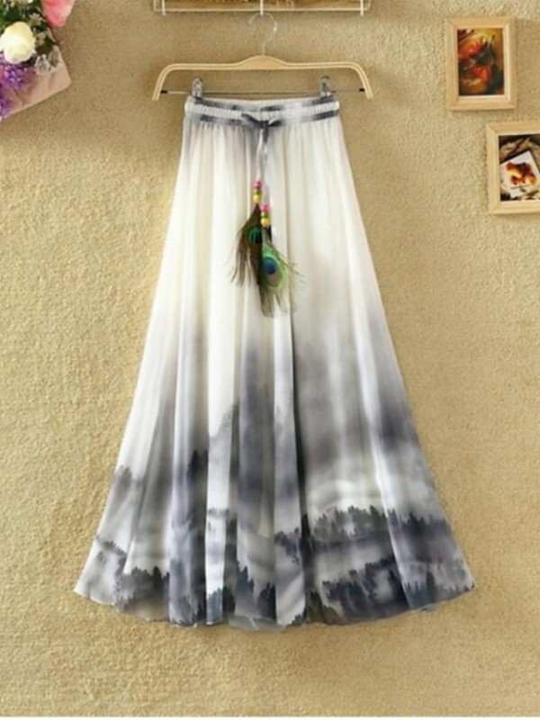 Women's Basic Boho Swing Calf-Length Skirts Party / Evening Floral Graphic Chiffon Mid Waist Green White Purple S M L / Maxi / Stretchy / Loose / Print #7393874