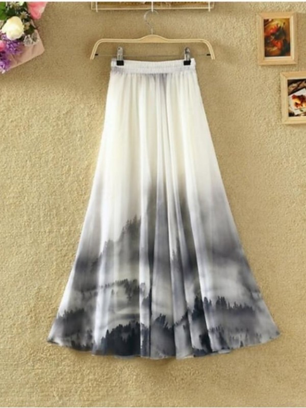 Women's Basic Boho Swing Calf-Length Skirts Party / Evening Floral Graphic Chiffon Mid Waist Green White Purple S M L / Maxi / Stretchy / Loose / Print #7393874