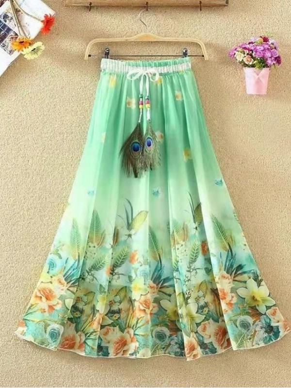 Women's Basic Boho Swing Calf-Length Skirts Party / Evening Floral Graphic Chiffon Mid Waist Green White Purple S M L / Maxi / Stretchy / Loose / Print #7393874