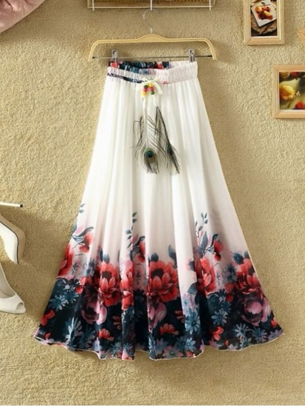 Women's Basic Boho Swing Calf-Length Skirts Party / Evening Floral Graphic Chiffon Mid Waist Green White Purple S M L / Maxi / Stretchy / Loose / Print #7393874