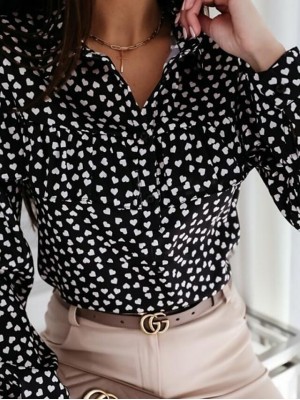 Women's Blouse Shirt Heart Ruffle Button Print Shirt Collar Casual Streetwear Tops White Black / 3D Print #9035385