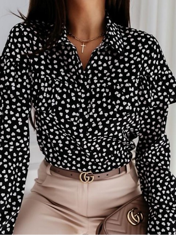 Women's Blouse Shirt Heart Ruffle Button Print Shirt Collar Casual Streetwear Tops White Black / 3D Print #9035385