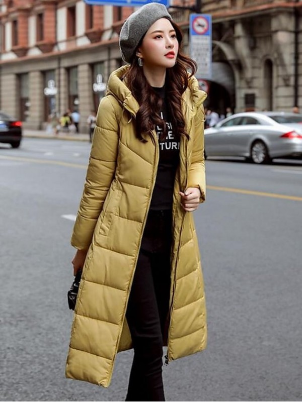 Women's Puffer Jacket Casual Daily Holiday Fall Winter Long Coat Regular Fit Windproof Warm Casual Jacket Long Sleeve Solid Colored Pocket Yellow Wine Army Green Hooded #8723972