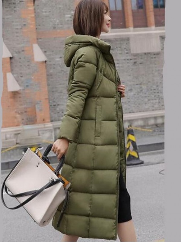 Women's Puffer Jacket Casual Daily Holiday Fall Winter Long Coat Regular Fit Windproof Warm Casual Jacket Long Sleeve Solid Colored Pocket Yellow Wine Army Green Hooded #8723972