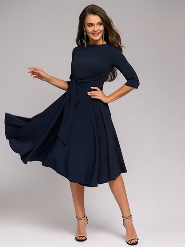 Women's A Line Dress Knee Length Dress Dark Green Navy Blue Beige 3/4 Length Sleeve Pure Color Lace up Fall Spring Round Neck Stylish Elegant Casual Party Slim 2022 S M L XL XXL #8406890