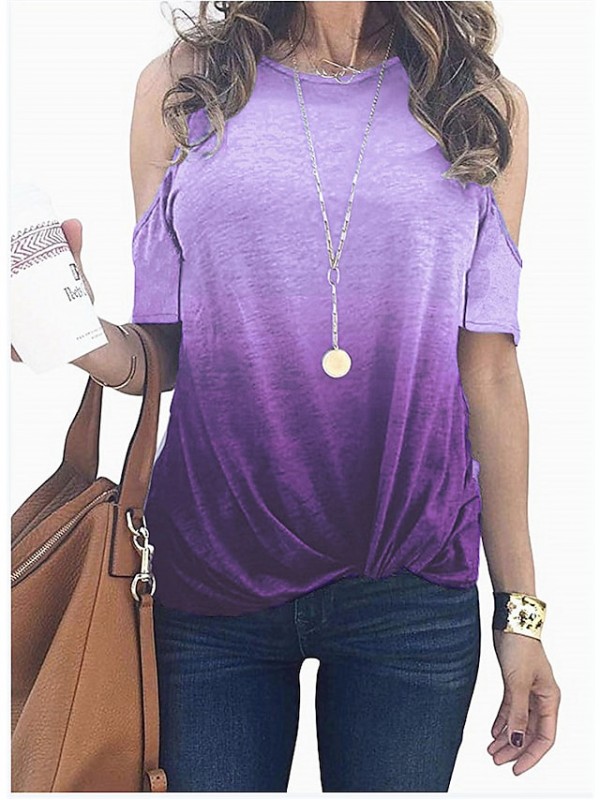 Women's T shirt Color Gradient Cold Shoulder Round Neck Basic Tops Green Blue Gray #9027946