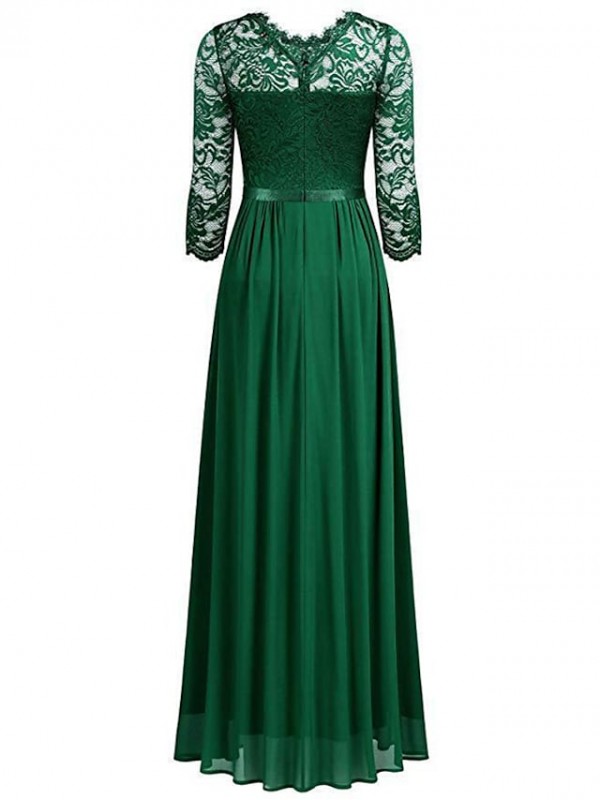 Women‘s Swing Dress Maxi long Dress Green Black Wine Navy Blue 3/4 Length Sleeve Solid Color Pure Color Ruched Lace Fall Winter Round Neck Elegant Formal Romantic Prom Dress Party 2022 S M L XL XXL #8812235