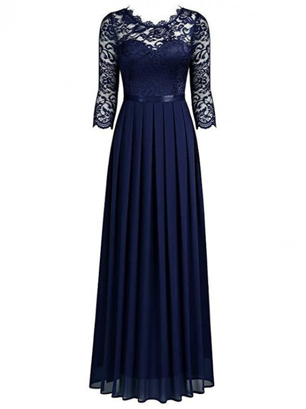 Women‘s Swing Dress Maxi long Dress Green Black Wine Navy Blue 3/4 Length Sleeve Solid Color Pure Color Ruched Lace Fall Winter Round Neck Elegant Formal Romantic Prom Dress Party 2022 S M L XL XXL #8812235