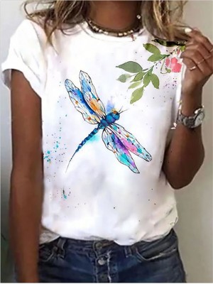 Women's Butterfly T shirt Floral Plaid Patchwork Print Round Neck Basic Tops White / 3D Print #9007420