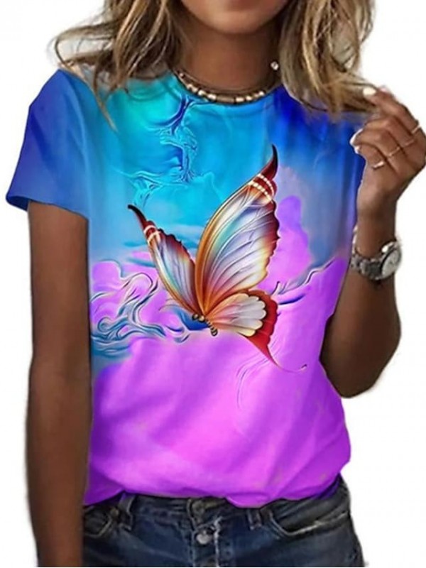 Women's Abstract Butterfly Painting T shirt Butterfly Print Round Neck Basic Tops Green Gray Purple / 3D Print #8997736