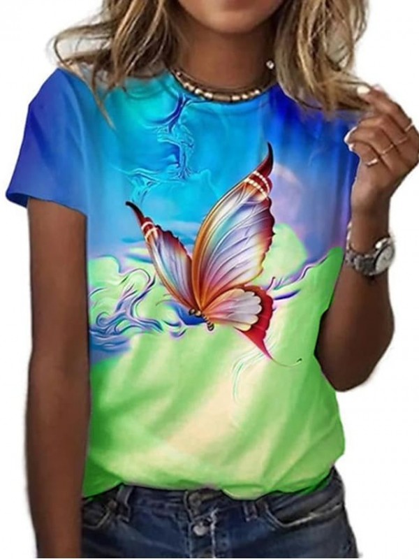 Women's Abstract Butterfly Painting T shirt Butterfly Print Round Neck Basic Tops Green Gray Purple / 3D Print #8997736