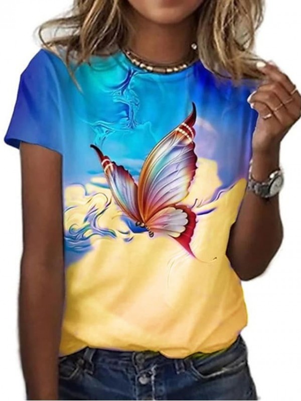 Women's Abstract Butterfly Painting T shirt Butterfly Print Round Neck Basic Tops Green Gray Purple / 3D Print #8997736