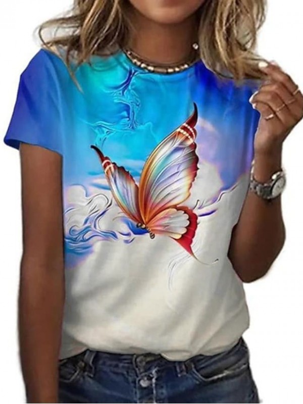 Women's Abstract Butterfly Painting T shirt Butterfly Print Round Neck Basic Tops Green Gray Purple / 3D Print #8997736