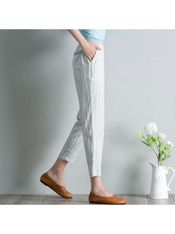 Women's Fashion Chinos Side Pockets Elastic Waist Ankle-Length Pants Casual Weekend Inelastic Stripe Comfort Mid Waist Blue White Gray L XL XXL 3XL 4XL #9033545